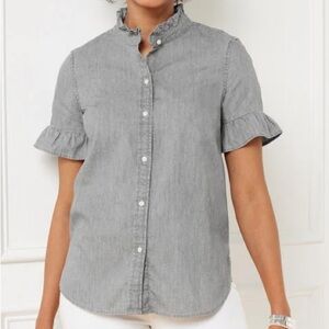 Talbots Grey Wash Cotton Ruffle Sleeve Button Front Shirt | Size M
